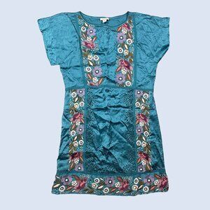 Sundance Boho Blue Teal Floral Embroidered Silky Short Cupro Dress Petite Small